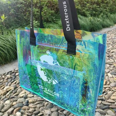 Bolso de compras transparente con gelatina láser irisante de PVC con logotipo impreso