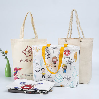 Más reciente modelo de impresión de moda personalizada hecha a mano bolsa de algodón en blanco con logotipo
