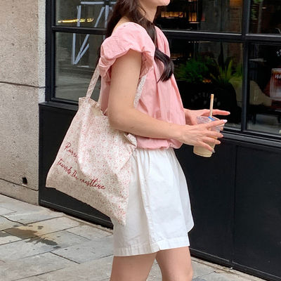 Bolso de playa rosa floral personalizado de lona natural bolso de hombro para mujeres