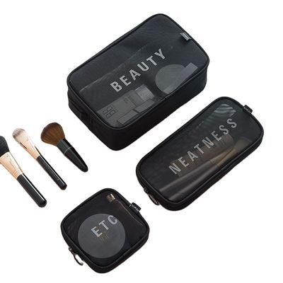 Estilo manipulado impermeable transparente malla de nylon logotipo personalizado maquillaje grande bolsa cosmética