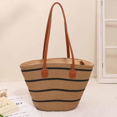 Bolsa de playa de paja hecha a mano Raffia para unisex Summer Bucket Tote Style Basket