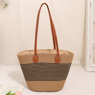 Bolsa de playa de paja hecha a mano Raffia para unisex Summer Bucket Tote Style Basket