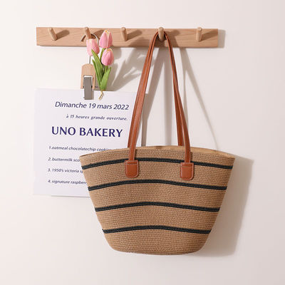 Bolsa de playa de paja hecha a mano Raffia para unisex Summer Bucket Tote Style Basket