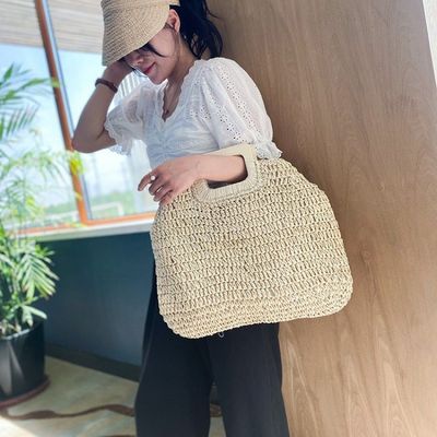 Ninguna decoración bolso de ratan portable bolso de paja de mujer para vacaciones de verano