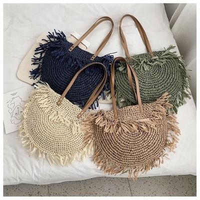 Acceptable OEM/ODM Bolso de hombro de paja con franjas semicirculares para la playa hecha a mano
