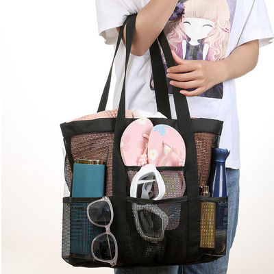 Logotipo personalizado Colección de conchas negras bolso de playa de malla de nylon portátil grande para mujeres