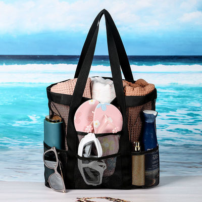 Logotipo personalizado Colección de conchas negras bolso de playa de malla de nylon portátil grande para mujeres