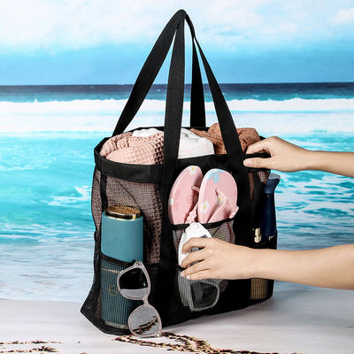 Logotipo personalizado Colección de conchas negras bolso de playa de malla de nylon portátil grande para mujeres