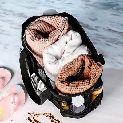 Logotipo personalizado Colección de conchas negras bolso de playa de malla de nylon portátil grande para mujeres