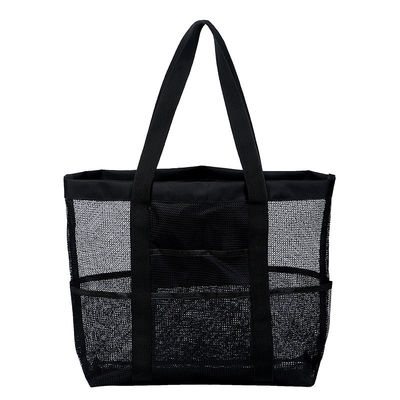 Logotipo personalizado Colección de conchas negras bolso de playa de malla de nylon portátil grande para mujeres