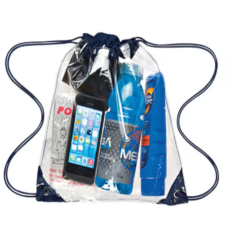 Comercialización de PVC impermeable Mochila transparente Bolsa de bolso de cuerda de tira con diseño impreso a medida
