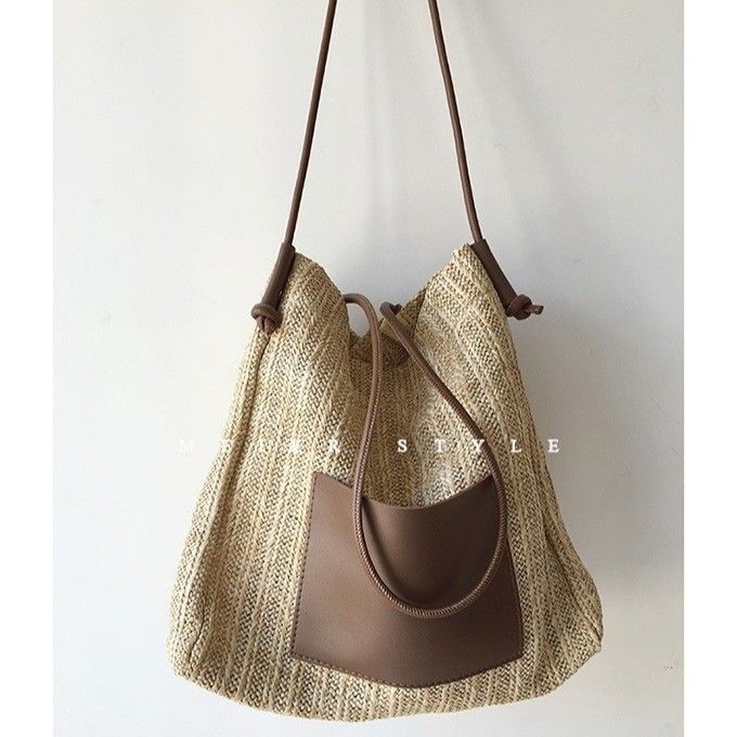 Bolso de paja de poliéster con revestimiento hecho a mano Bolso de paja de tejido grande de hombro para mujeres