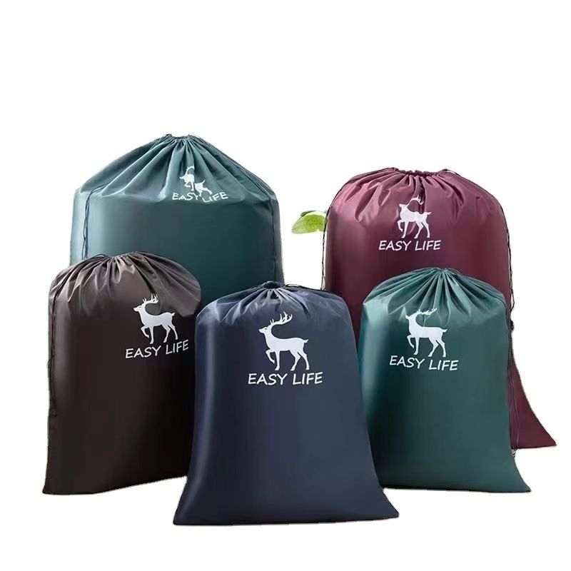 Bolsa de lavandería de nylon de poliéster con cuerda de dibujo de color personalizada para almacenamiento en el hogar y a granel