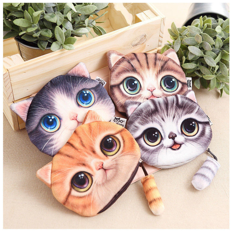 Bolso de maquillaje de color de peluche personalizado con bolso de monedas 3D de gato y cremallera de cola de impresión animal