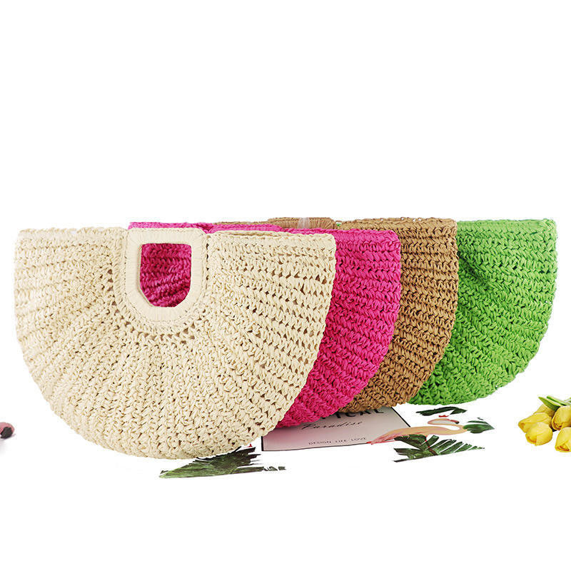 Bolsa de paja tejida a mano en forma de media luna para ir de compras en 2023 en la playa de moda de verano