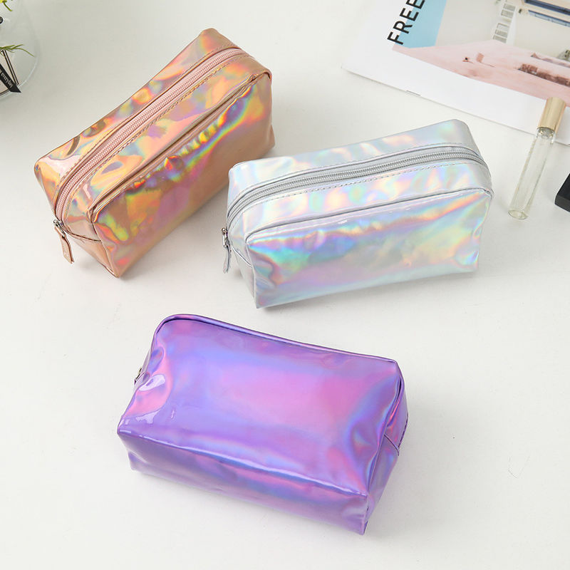 Bolso de maquillaje de PU Logotipo personalizado Holográfico Plata Púrpura Impermeable Bolso de cremallera Rosa Oro Bolso de maquillaje Moda