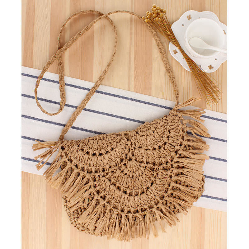 Bolso de playa Tassel hecho a mano Raffia Rattan Crossbody para vacaciones de viaje de verano de las mujeres