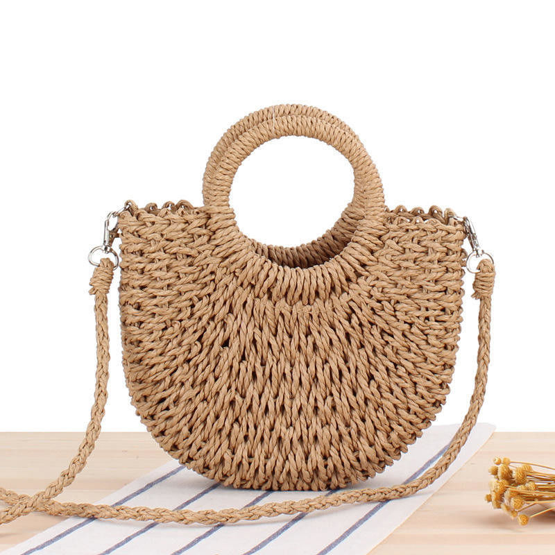 Logotipo personalizado Bolso de paja de playa tejido de un hombro para mujeres en diseño redondo simple