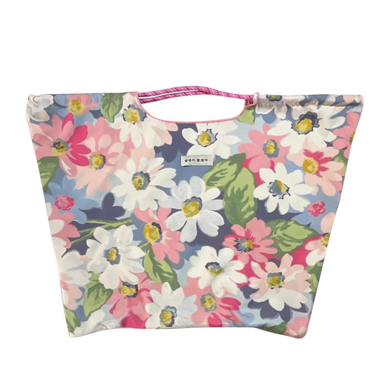 Revestimiento de poliéster en bolsa de lienzo de playa floral de gran capacidad para compras ecológicas