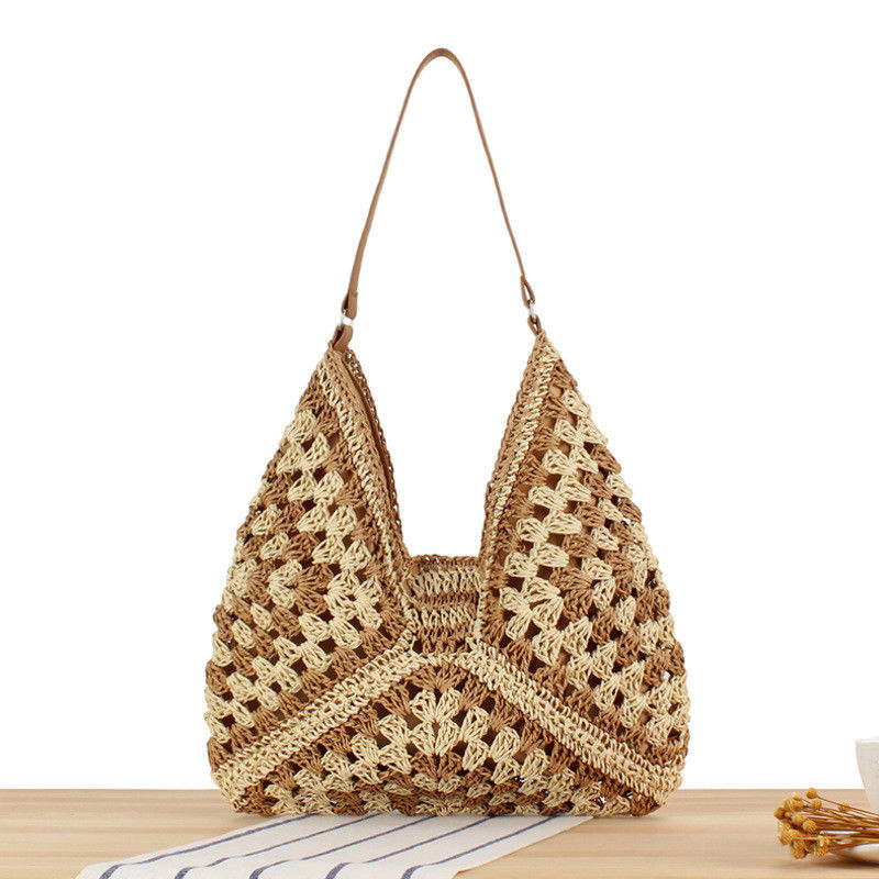 Bolso de playa tejido a mano ecológico para mujeres con diseño floral hueco y correa de cuero PU
