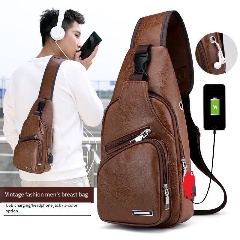 Tamaño personalizado Más recientes bolsas de pecho de cuero de PU de moda para hombres con puerto de carga USB