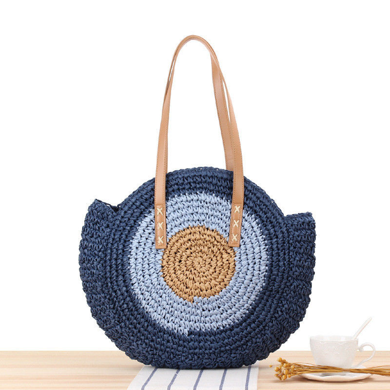 Verano medio redondo estilo étnico montura paja tejida de playa bolso de ratán hecho a mano para unisex