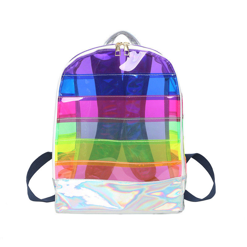 Bolsa de PVC transparente elegante Mujeres con barras de jalea Cosida Holograma de arco iris para el día a día