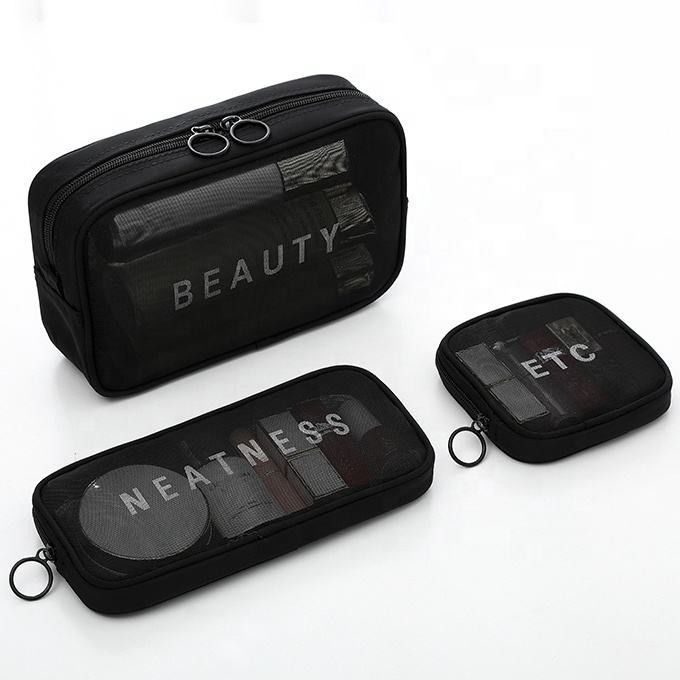 Tipo de patrón sólido malla de nylon maquillaje de aseo maquillaje bolsa cosmética con logotipo de letras personalizadas