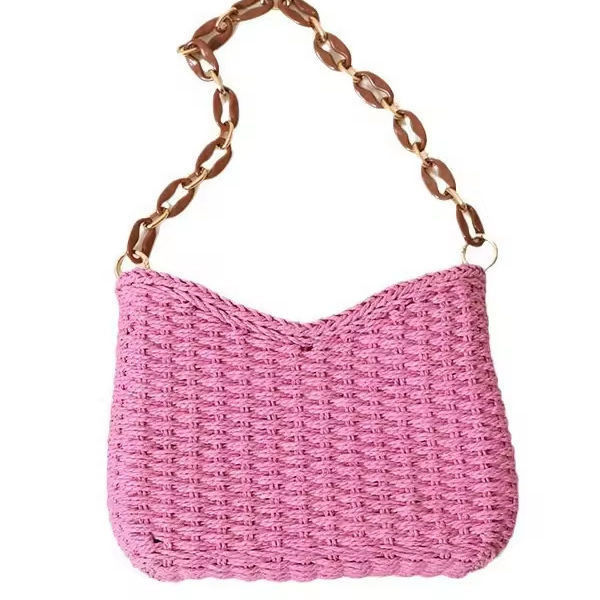 2024 Bolso de paja púrpura pequeño y fresco tejido a mano para Seaside Resort Beach Color sólido