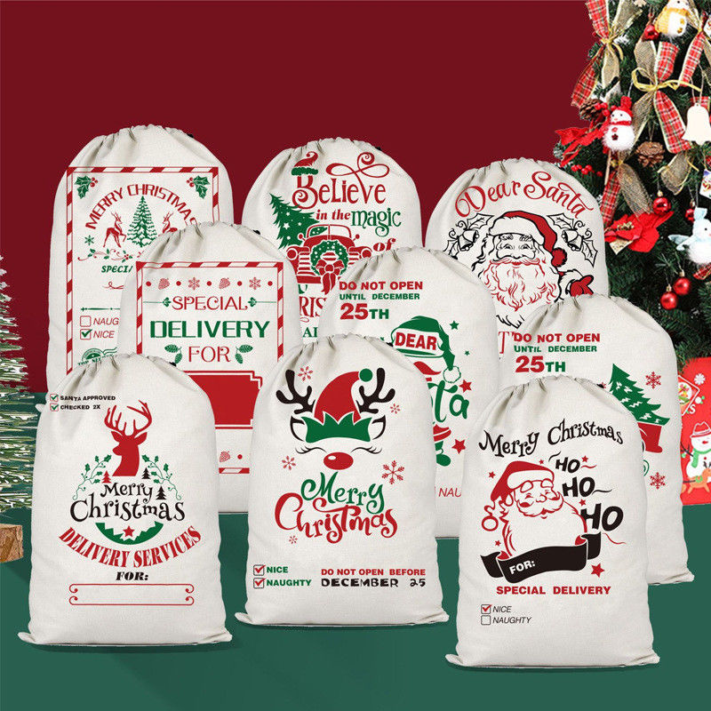 Color personalizado y logotipo personalizado aceptado Bolsas de lienzo portátiles de Navidad reutilizables