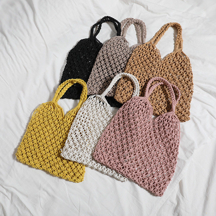 Material de revestimiento de poliéster 2024 Bolso de ropa de playa de compras grande de crochet a mano para mujeres