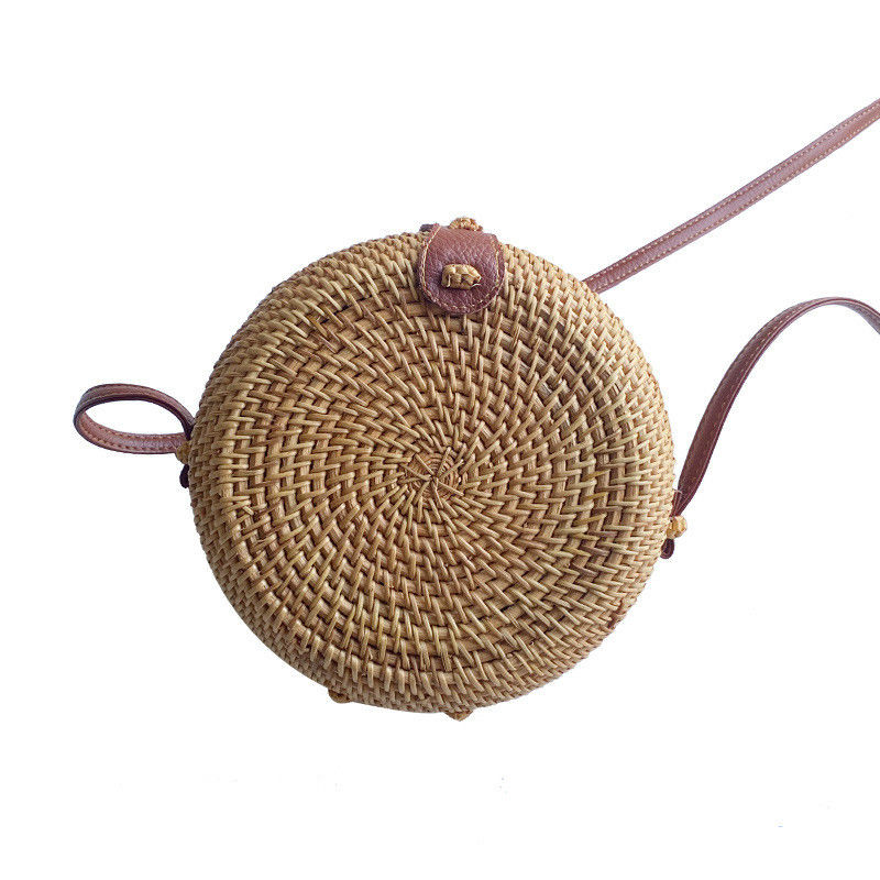 Unisex Ronda de paja de playa Vintage hecha a mano tejido círculo de vacaciones bolso de hombro portátil