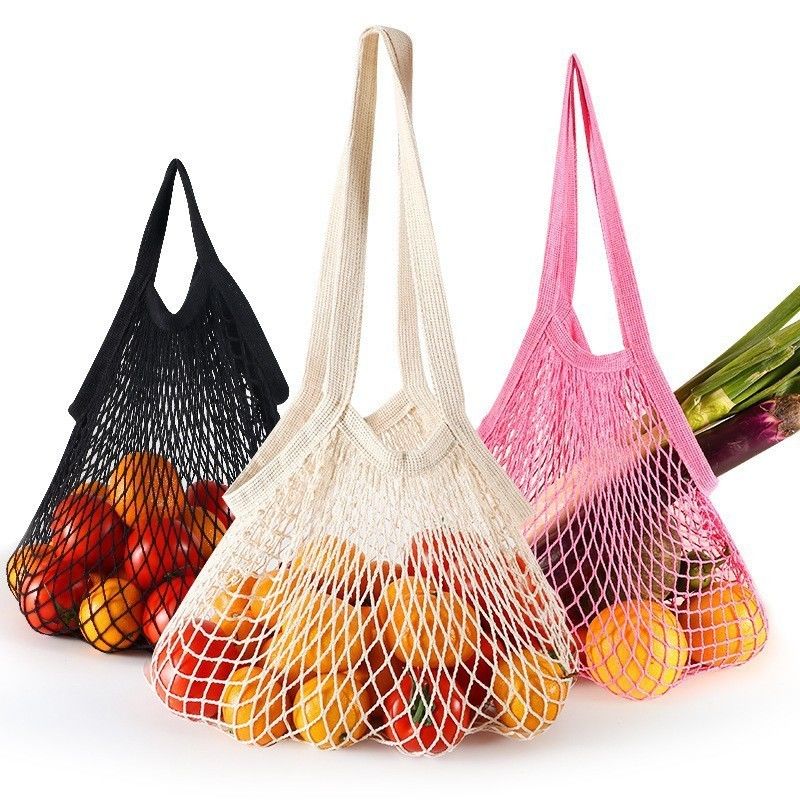 Bolsa de algodón de mango largo para comprar frutas y verduras hechas de algodón orgánico reutilizable