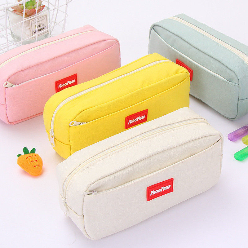 Casilla de lápiz creativa de gran capacidad en lienzo sólido de colores para suministros escolares