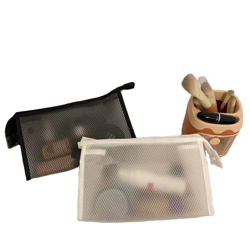 Bolsa de maquillaje de malla de nylon simple personalizada para artículos de tocador y almacenamiento de cosméticos en color negro
