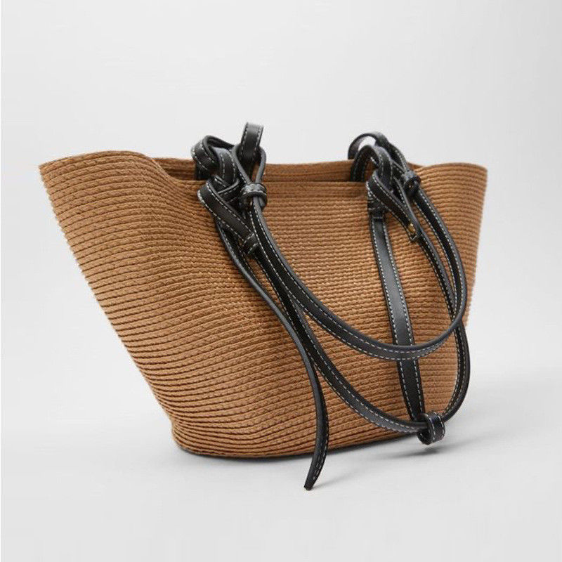 Bolso de playa de paja de gran capacidad de exterior Vintage Bolso de hombro tejido a mano Bolsas de ratán Raffia