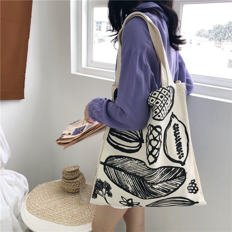 Impresión de hojas de estilo Bolsa de lienzo gruesa de gran capacidad Compras de comestibles con logotipo personalizado