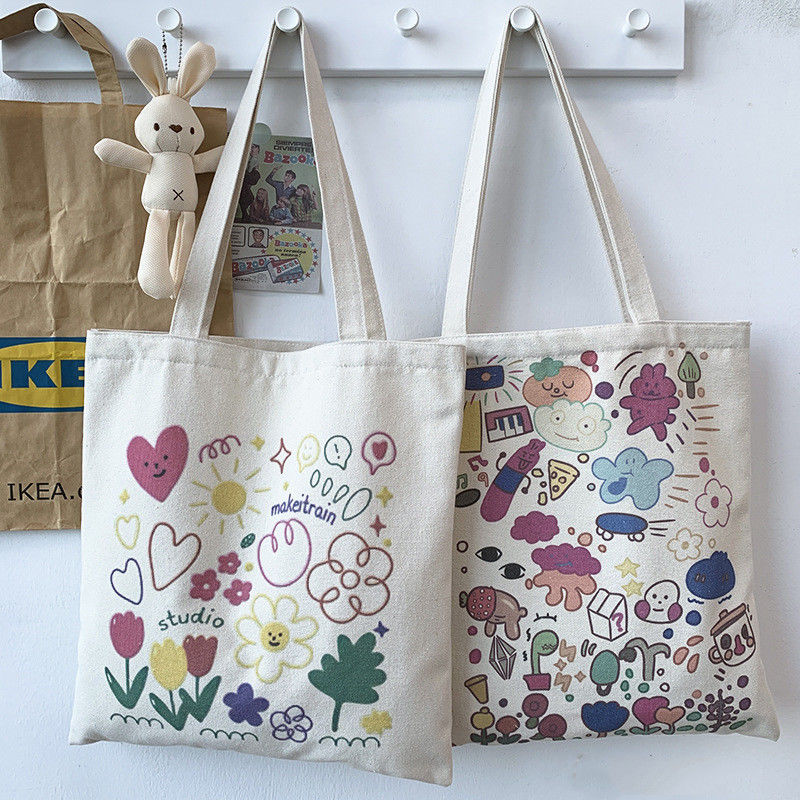 Cartoon Print Canvas Tote Bag para la vida escolar diaria Color ecológico y personalizado