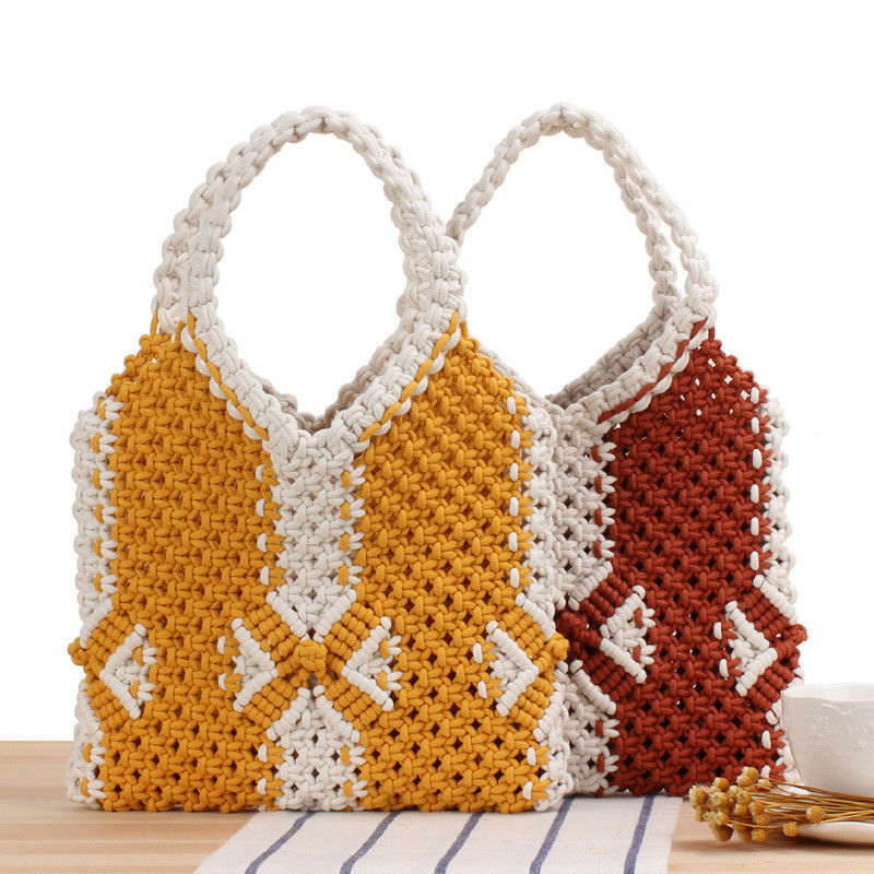 Bolso de playa de paja de verano de revestimiento de poliéster para mujeres Bolso de tejido de Bohemia de punto hecho a mano