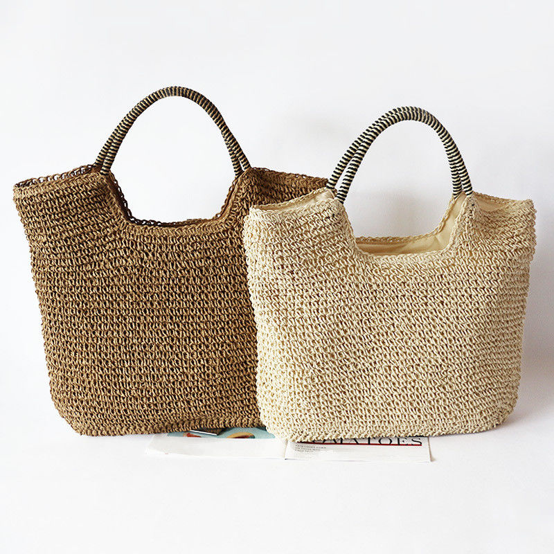 Material de revestimiento de poliéster de mano Bolso de hombro de paja de mujer para la playa de verano Bolso de toque grande