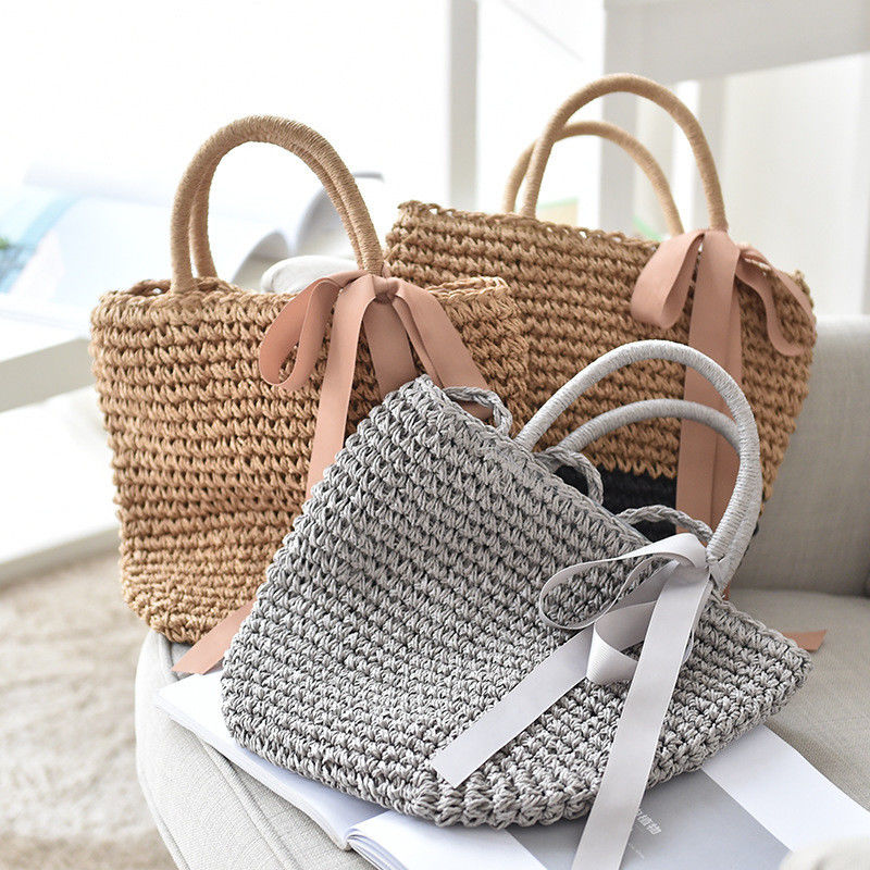 Bolso de paja tejido patrón de cubo para mujeres Bolso de playa Tote 2023 Ventas de temporada de playa